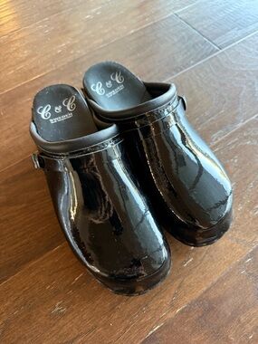 C & C Sweden Womens Clogs Slip On Patent Black EU 38 U.S. 7